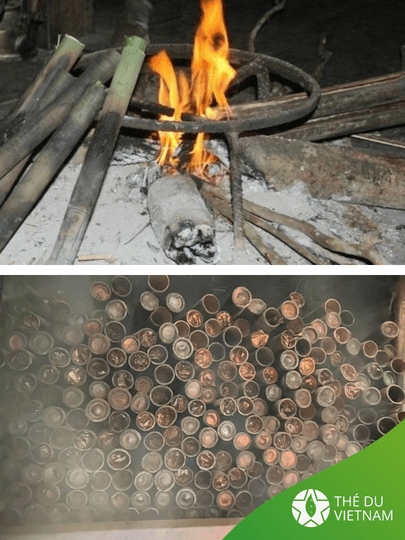 En haut, ces quelques morceaux de bambou dans lesquels nos précieux Thés Pu-erh Sauvages ont été compressés sont grillés au feu de bois, cette étape permet de se débarrasser de l’humidité restante tout en commençant à faire travailler les premiers arômes du thé en lui donnant un côté cuisson au feu de bois. En bas, après leur première cuisson au feu de bois, les morceaux de bambou sont stockés en hauteur dans un fumoir artisanal pour y être fumés pendant une période allant de 6 mois à 1 an !