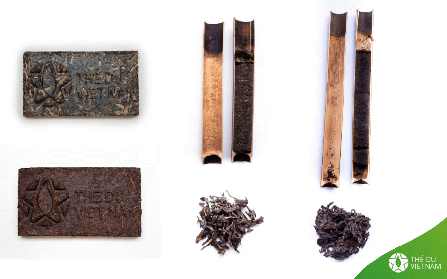Nos 4 Thés Pu-erh Sauvages enfin réunis ! En haut à droite, notre Thé Pu-erh Sauvage Cru Millésime 2017 en Tablette, juste en dessous à gauche notre Thé Pu-erh Sauvage Cuit Millésime 2017 en Tablette. Au milieu, notre Thé Pu-erh Sauvage Cru Millésime 2017 Fumé dans du Bambou et sa version "cuite" à droite !